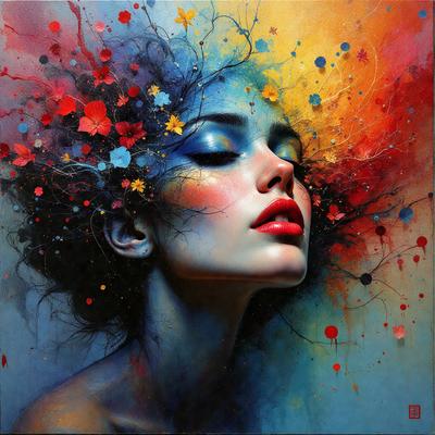 The primary subject of the image is a woman with a flower in her hair. She is wearing makeup and has a flower in her hair. The setting is a colorful background with a mix of red, blue, yellow, and orange colors. The visual style is a painting, and the colors and mood are vibrant and lively.
